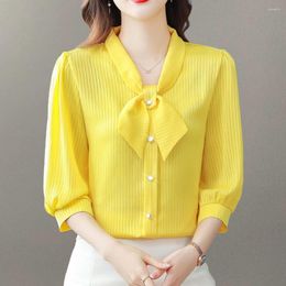 Women's Blouses Ladies Elegant Bow Silk Striped Shirts Summer Fashion Women 2023 Casual 3/4 Sleeve Office Tops For