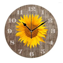 Wall Clocks Rustic Barn Wood Vintage Sunflower Round Clock Country Farmhouse Floral Big Watch Living Room Home Decor 14