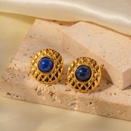 Hoop Earrings Uworld Retro 18K Gold Plated Stainless Steel Jewelry Round Texture Inlaid Lapis Lazuli Stud For Women Pendientes