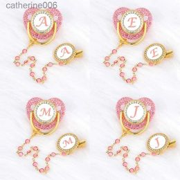 Pacifiers# Name Initial Baby Pacifier Chain Clips Pink Crystal Newborn Luxury Personalised Pacifiers Silicone Nipple Infant Shower GiftsL231104