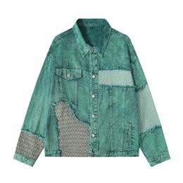 Vintage Jacket Denim Patchwork Men Cowboy Coats Streetwear Ripped Jacket Jeans Casual Baggy Varsity Jackets Unisex Green