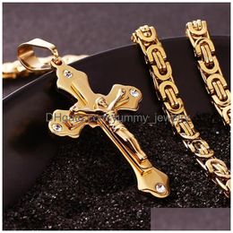 Pendant Necklaces High Quality Stainless Steel Cross Necklaces Mti-Layer Christian Jesus Crucifix Pendant Gold Biker Chain For Mens Hi Dhtha