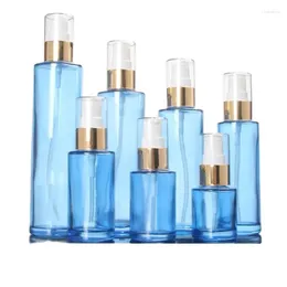 Storage Bottles Blue Glass Cosmetic Packaging Refillable Bottle Spray Lotion Pump With Clear Lid Cover 20ML 30ML 60ML 100ML 120ML