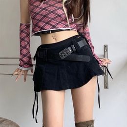 Skirts Women Harajuku Low Waist Mini Punk Gothic Skull Waistband Girl Black White Denim Kawaii Culotte Plus size 230404