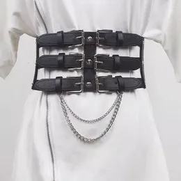 Belts Women's Runway Fashion PU Leather Chain Elastic Cummerbunds Female Dress Corsets Waistband Decoration Wide Belt R1417