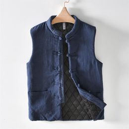 Men's Vests Vintage Chinese Style Round Buckle Waistcoat Men Winter Solid Colour Thick Multi pocket Casual Cardigan Warm Vest 233R