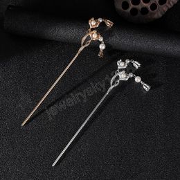 Chinese Flower Hairpins Simulated Pearls Tassel Hairpin Women Metal Hair Clip Hair Stick Retro Headwear Wedding Hair Accessories