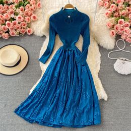 Casual Dresses 2023 Spring Autumn Elegant Women Retro Dress Korean Slim Stand-Up Collar Velvet Ladies Temperament Business Clothes M1690