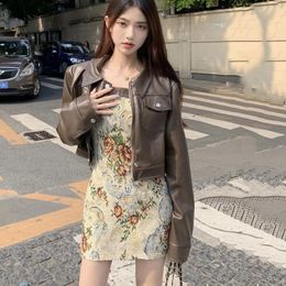 Women's Leather Sweet Vintage Faux Coat Autumn Korean Style Elegant Long Sleeve Coffee PU Jacket Girl High Street Outerwear