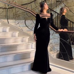 Black Veet Mermaid Dresses Keyhole Neck Beaded Formal Evening Gown Long Sleeve Sweep Train Prom Party Gowns 326 326