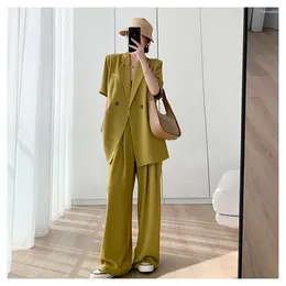 Women's Two Piece Pants Summer Large Size Pant Suits Set Women Korean Commuter Loose Short-sleeved Single-button Blazer Top Wide Legged 2pcs