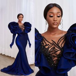 Navy Blue Aso Ebi Prom Dresses Long Sleeves Plus Size Mermaid Beaded Crystals Rehinestone Sequined Evening Dress Gala Occasion Gowns Second Reception Gown