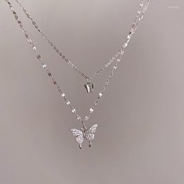 Chains Silver Color Double Layer Zircon Butterfly Charm Pendent Necklace For Women Valentine's Day Jewelry Choker Collar Dz788