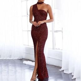 Casual Dresses Ladies Evening Wear Long Women's Pure Colour Bosom Wrapped Sequins Waist Temperament Sweet Dress Sleeve Prom