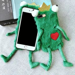 Phone Case Funny Cute Love Heart Crown Frog Plush for iPhone 14 13 Pro Max Fluffy Fur Soft Cover Apple 11 XR X XS 231104