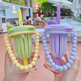 Water Bottles Drinkware Kawaii Chain Portable Glass Cup Simple Flower Tea With Isolating Straw Fresh Bottle