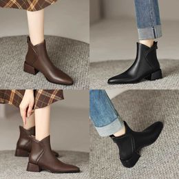 quality Boots Brown Pointed Thick Heel Short for Women's New Spring Autumn Single Boot English Style Mid Soft Leather Chelsea