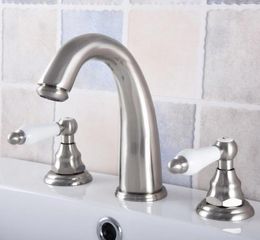 Bathroom Sink Faucets Nickel Brushed Brass Ceramic Lever Knob Widespread Basin Faucet And Cold Water Tap Deck Mounted 3 Hole Dnf694