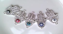 5 colors Silver Plated Alloy Crystal Sideways Evil Eye Hand Hamsa Bracelet Connectors Bracelet Charms Jewelry Finding amp Compon9173825
