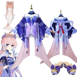 Cosplay Genshin Impact Sangonomiya Kokomi Costume Cosplay Set completo Calze e autoreggenti Copricapo Carnevale di Halloween Vestito Parrucca lunga rosa Scarpe