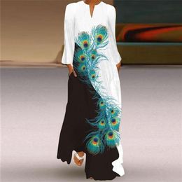 Casual Dresses Autumn Peacock Print 2022 Women Plus Size Long Sleeve V-Neck Maxi Dreeses Loose Flowy Party Dress Vestido S-5XL309Q
