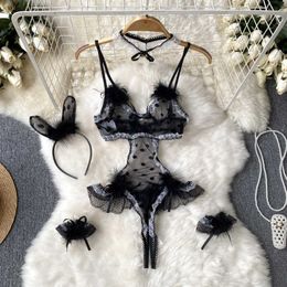 Nxy Sexy Transparnet Thin Rompers Women Cosplay Cute Lace Short Playsuits Fashion Lingerie Erotic Female Bodysuits 230328