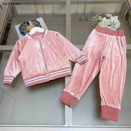 New kids Tracksuits lovely pink velvet material baby clothes boy jacket suit Size 110-160 zipper coat and pants Nov05