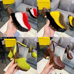 2023 Mink hair slippers fashion carving metal heel cow leather middle heel wrapped slippers with willow nail sole and Mueller shoes Luxury Designer sandals