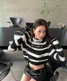Women's T-Shirt designer luxury Miu 23 Early Autumn New Versatile Black and White Stripe Long Sleeve Knitted Pullover Top Shows Slim Fashionable Style M4YC