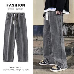 Mens Jeans Korean Fashion Loose Classic Straight Baggy Wide Leg Trousers Street Hip Hop Pants 3XL Black Grey Blue 230404