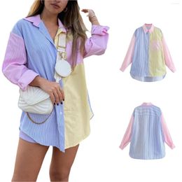 Women's T Shirts Women&rsquo;s Button Down Oversized Long Sleeve Striped Print Colour Block Loose Tops