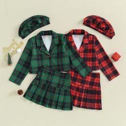 Clothing Sets FOCUSNORM 4-7Y Fashion Kids Girl Christmas Clothes 3pcs Plaid Print Long Sleeve Button Coat Mini Pleated Skirts Beret Hats