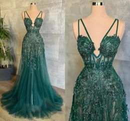 Luxury Green Prom Evening Dresses Arabic Dubai Sexy Spaghetti Straps Backless Beadings Sequins Appliques Party Occasion Gowns Vestidos Puls Size BC15505