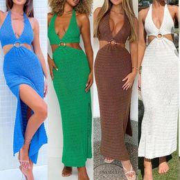 Casual Dresses Puloru Halter Tie Up Knitted Long Beach Dress Summer Elegant Women Sleeveless Backless Cutout Waist Slit Wrap For Vacation