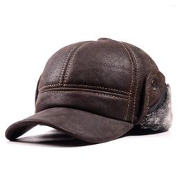 Ball Caps Male Winter Genuine Leahter Suede Bomber Hat Man Nubuck Thick Head Warm Dome Elder Black/Brown Sewing Fitted Gorras