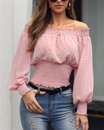 Womens Blouses Shirts Off Shoulder Autumn Chiffon Top Lady Women Long Sleeve Shirt Slim Casual Solid White 230404