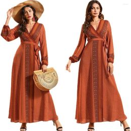 Ethnic Clothing 2023 Women Long Sleeve V-Neck Maxi Dress Fashion Boho Abaya Kaftan Turkish Robe Gown Islamic Ladies