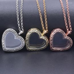 Chains 10Pcs/Lot Vintage Carved Glass Memory Po Locket Pendant Necklaces Mix Colours Heart Living Picture Medaillon Collares Jewellery
