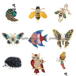 Pins, Brooches 2021 Mti Colour Enamel Ainmal Brooches For Women Peacock Bee Butterfly Hedgehog Owl Flamingo Parrot Crystal Brooch Pins Dhvy8