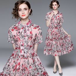 Womens Floral Dress Short Sleeve Boutique Dress 2023 Summer Printed Dress High-end Fashion Lady Bow Dresses OL Runway Dresses