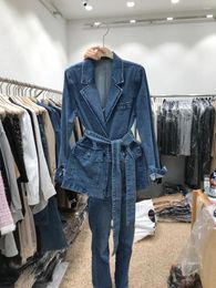 Women's Jackets SuperAen Korea 2023 Autumn Winter Fashion Suit Collar Wide Elastic Long Sleeve Denim Blazer Coat Women