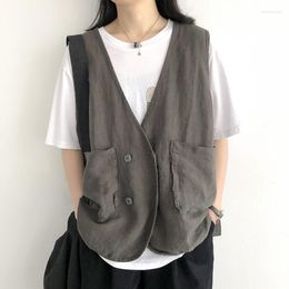 Women's Vests Cotton And Linen Vest Women's Thin Summer 2023 Loose Large Size V-Neck Casual Cardigan Sleeveless Waistcoat Jacket Top