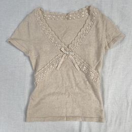 Women's T Shirts Y2K Fairycore Cute Dainty Trim T-shirt Chic 90s Vintage Crop Top Women V Neck Short Sleeve Tees Retro Streetwear