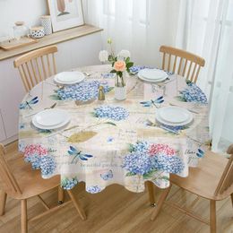 Table Cloth Spring Hydrangea Flower Dragonfly Vintage Round Tablecloth Waterproof Cover For Wedding Party Decor Dining