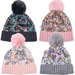 Sequin Embossed Winter Hat Temperamental Fashion Causal Winter Elegant Beanies With Pom Pom Women Warm Knit Sequin Christmas Hat DF315