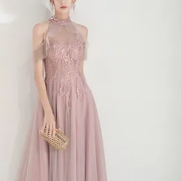 Pink Bridesmaid Dresses Halter Off Shoulder Beading Sequins Ruffle A Line Floor Length Lace Up Prom Evening Gowns Celebrity Party