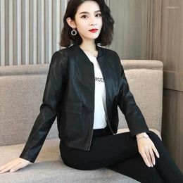 Women's Leather Unbreakable Women Short Korean Loose Baseball Uniform Casual Jacket Lady Long Sleeve Zipper PU Overcoat