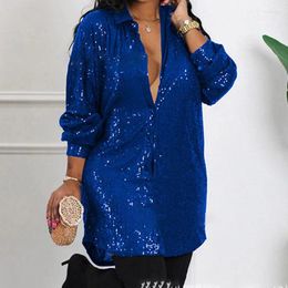 Women's Blouses 2023 Chic Streetwear Turn-Down Collar Blouse Glitter Long Sleeve Tops Sequin Shirts Women Y2K Solid Shirt Spring Autumn