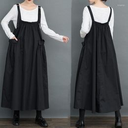 Casual Dresses Black Suspender Dress 2023 Autumn All-match Large Size Fold Stitching Mid-length Sleeveless Overall K1293