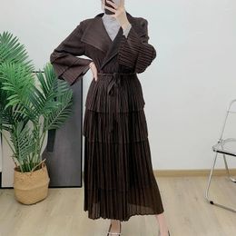 Casual Dresses Miyake Pleated Long Ruffled Dress Autumn/Winter Sleeved Lapel Lace Up Formal Prom Evening